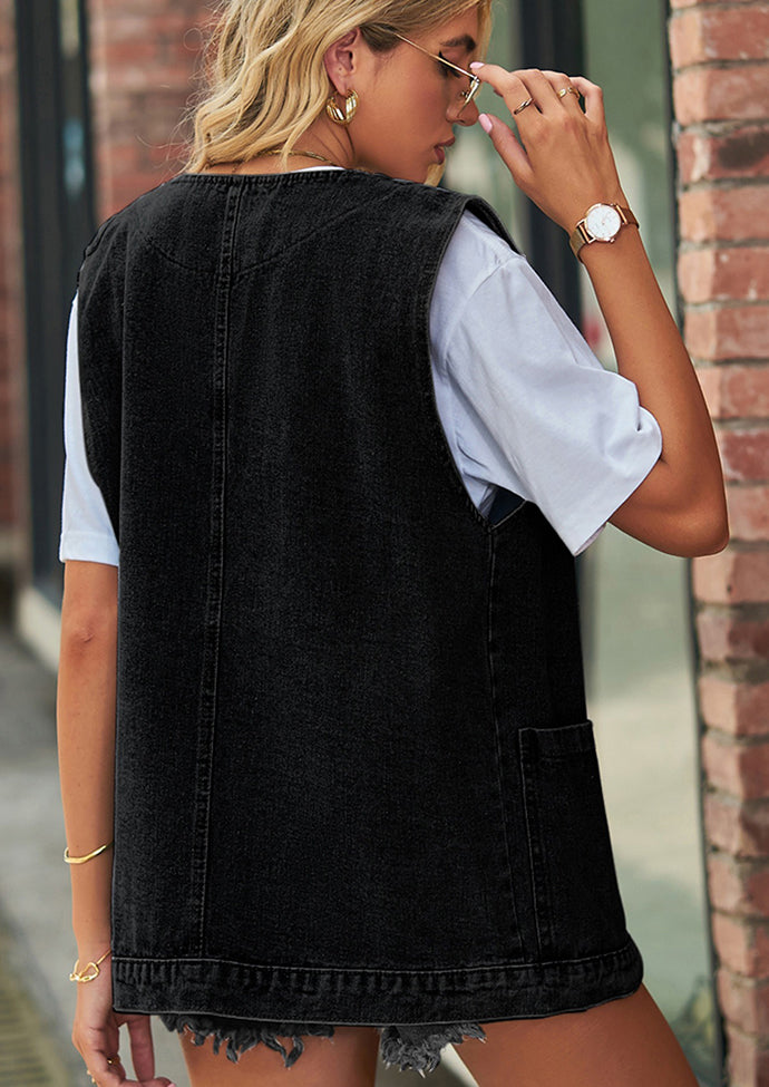 V Neck Button Up Denim Vest with Pockets