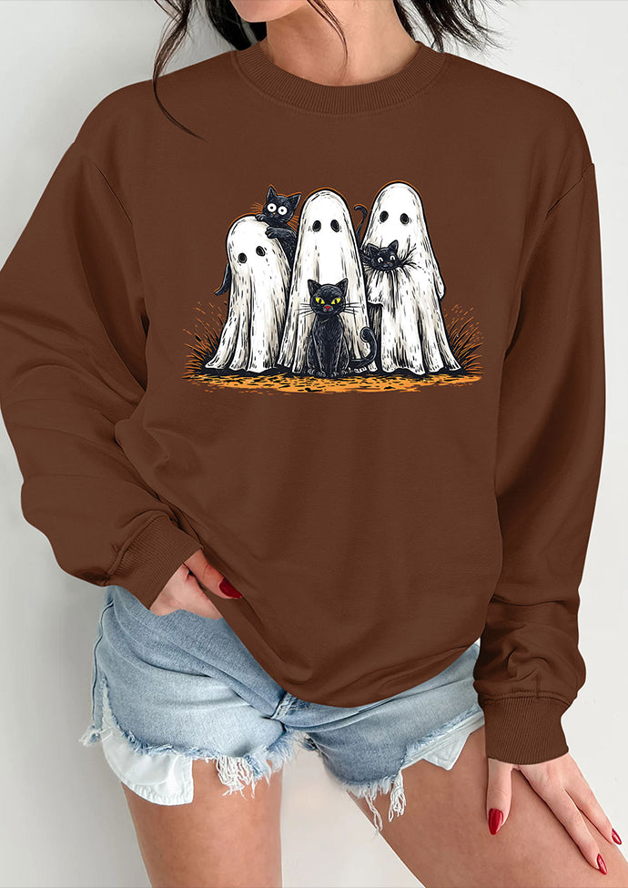 Spooky Cat Print Crew Neck Sweatshirt
