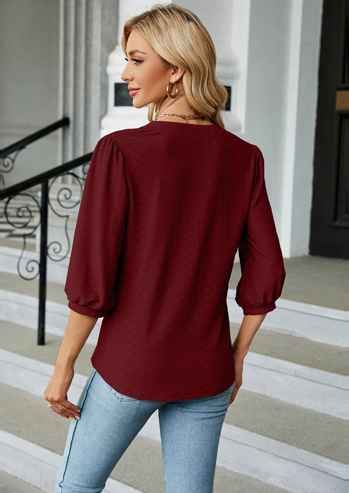 Jacquard Half Sleeve V Neck Casual Blouse