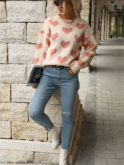 Heart Pattern Crew Neck Knitted Sweater