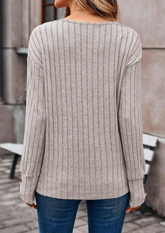 V Neck Button Detail Textued Casual T-shirt