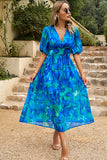 Floral Smocked Waist V Neck Chiffon Maix Dress Blue - Dresses from Cindelily