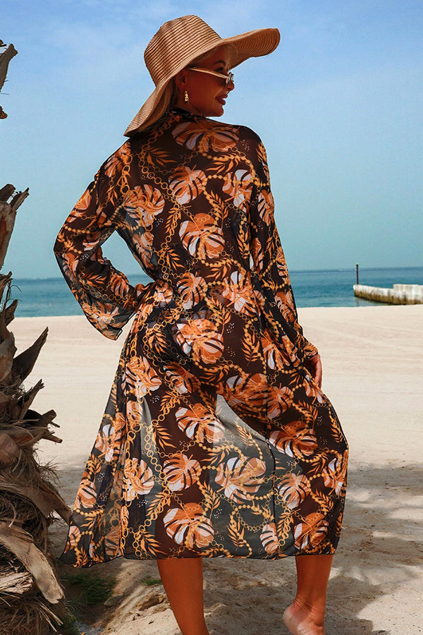 Chain Tropical Print Halter Bikini & Mesh Cover-Up 3-Piece Set - Swimwear from Cindelily