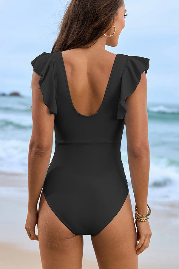 Ruffle Sleeve Mesh Inset One Piece Swimsuit - Swimwear from Cindelily