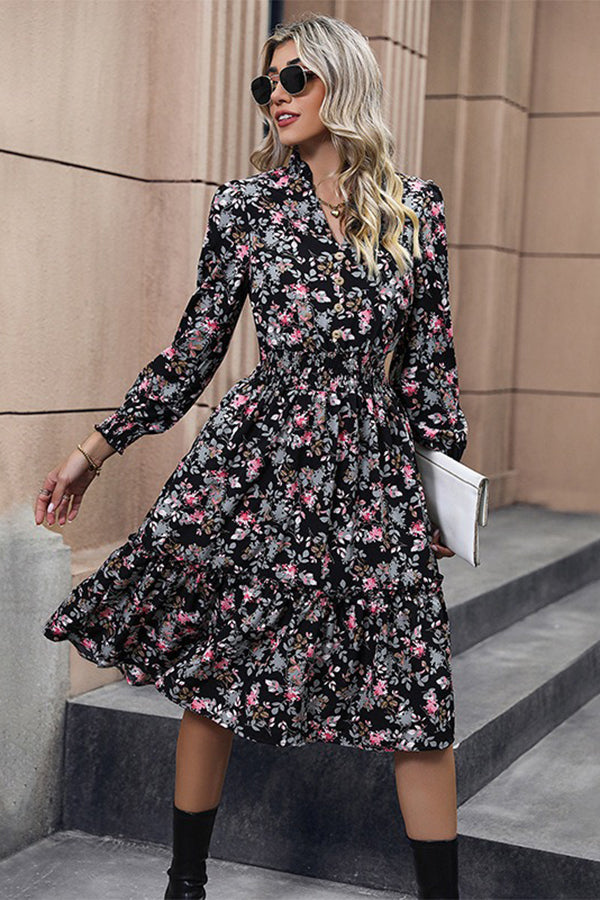 Floral Smocked Waist V Neck Mide Dress Black - Dresses from Cindelily