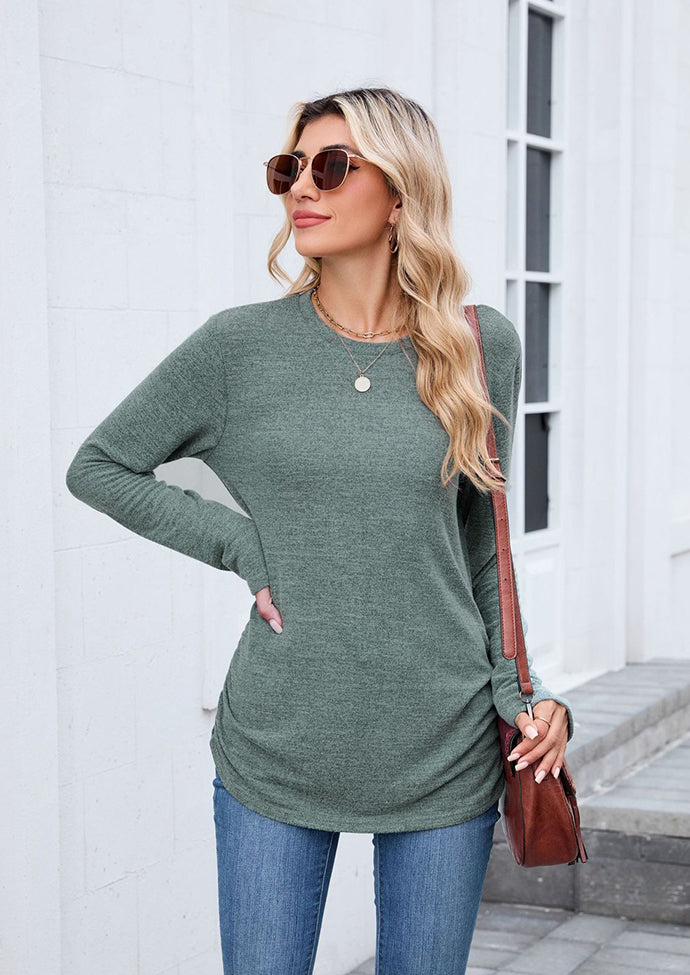 Side Pleated Crew Neck Long Sleeve T-shirt