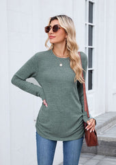 Side Pleated Crew Neck Long Sleeve T-shirt