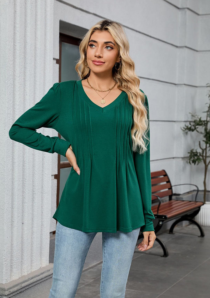 V Neck Pleated Long Sleeve Casual Tunic