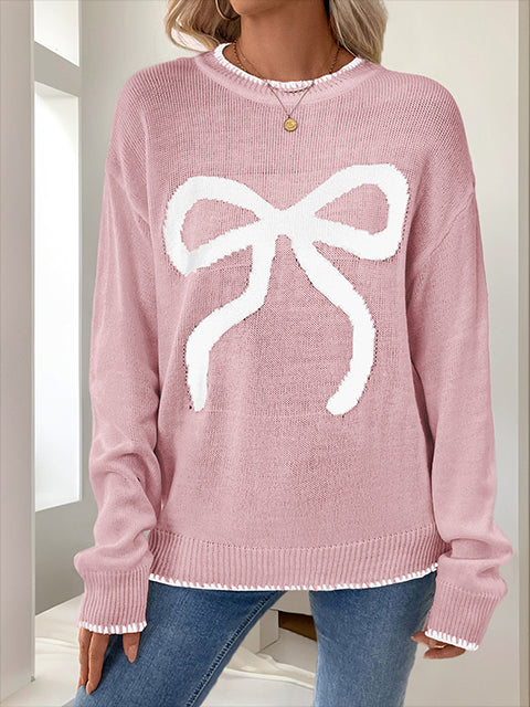 Crew Neck  Bow Jacquard Casual Sweater
