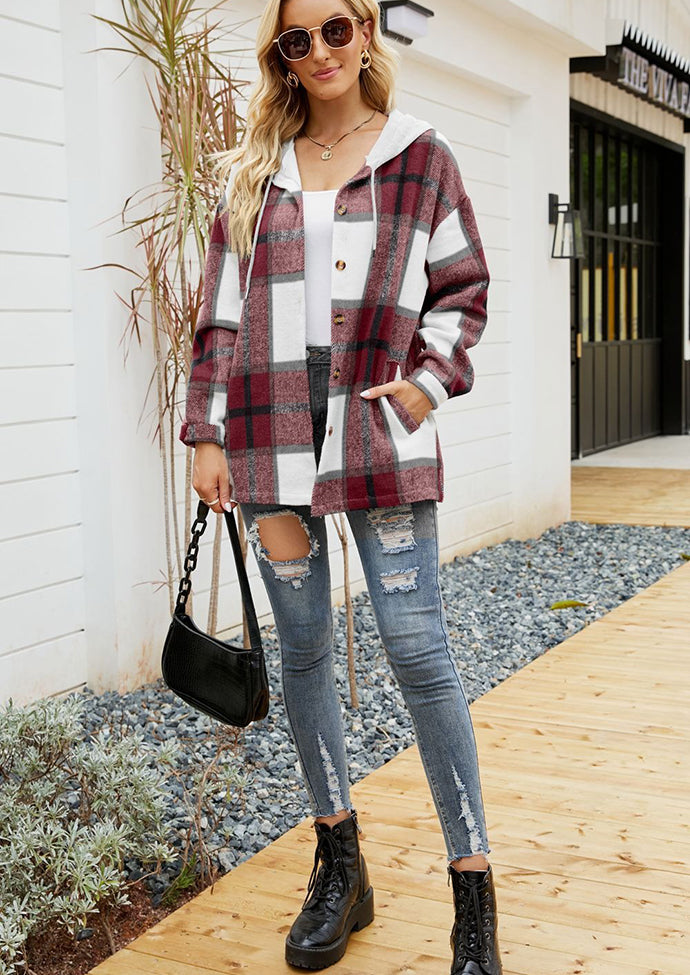 Plaid Button Up Hooded Shirt