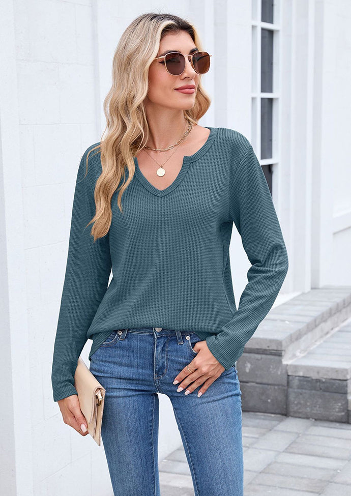 Waffle V Neck Long Sleeve T-shirt