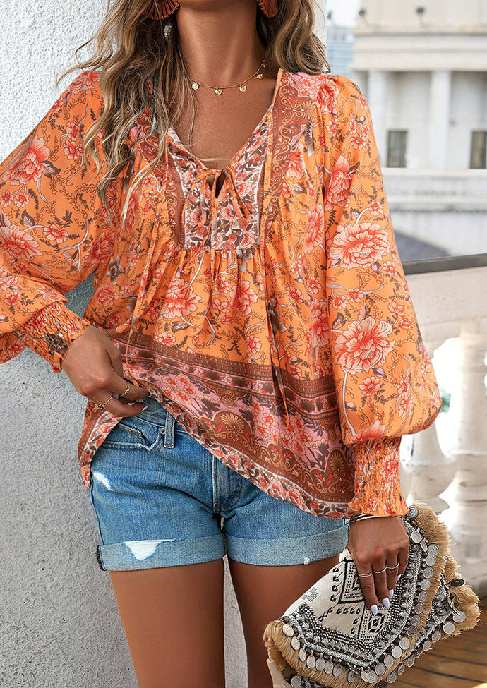 Tie Detail Smocked Cuff Boho Blouse