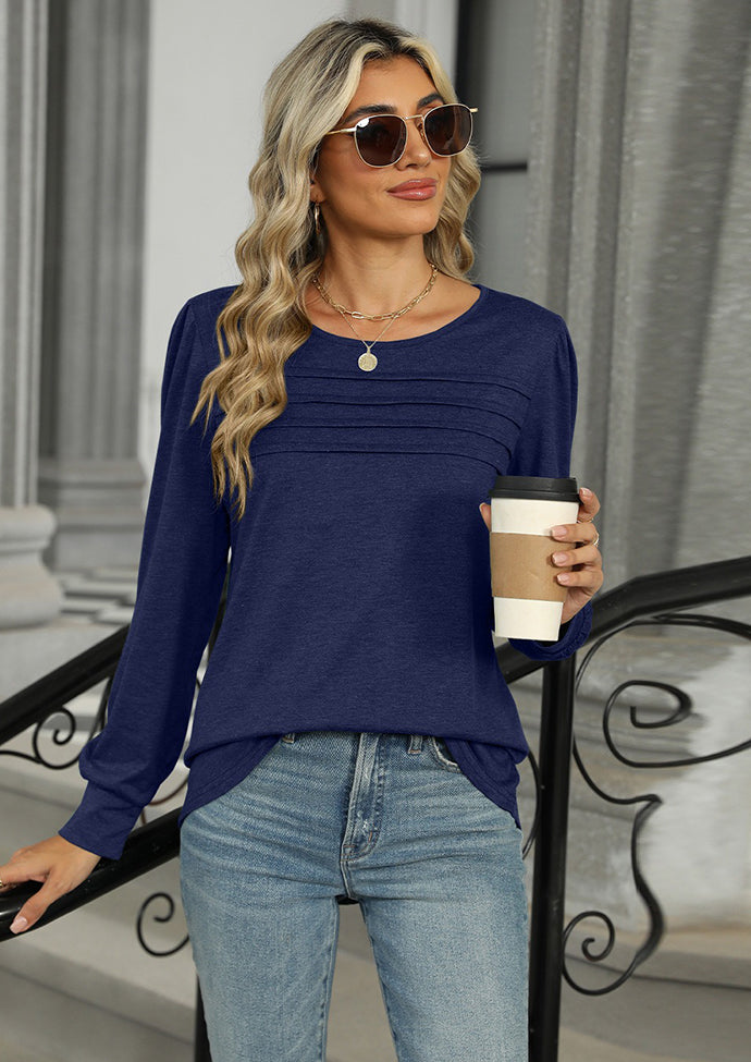 Solid Pleated Long Sleeve Casual T-shirt