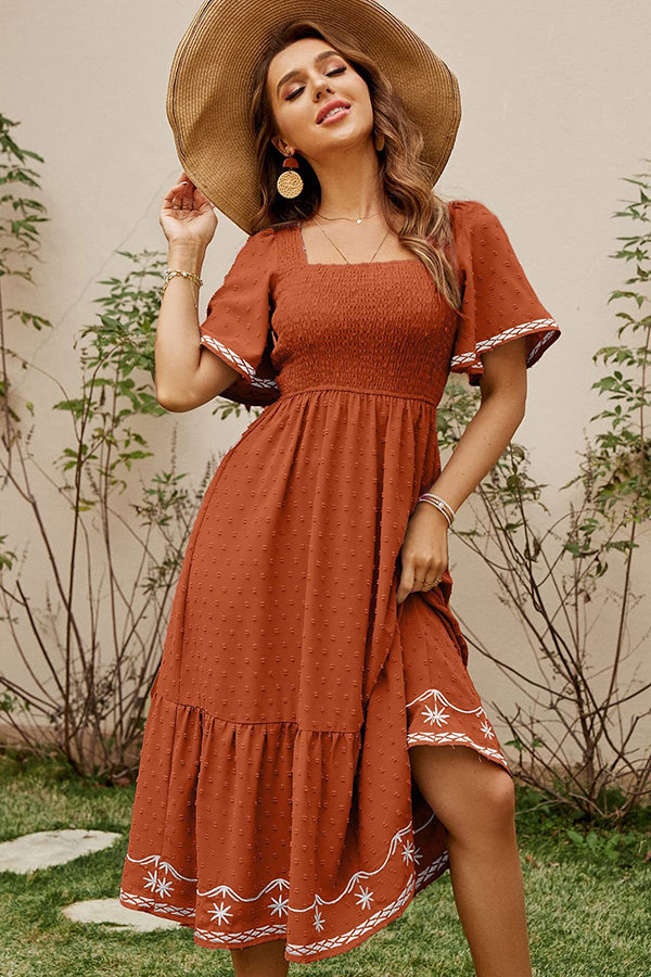Textured Smocked Midi Dress with Embroidered Trim Terracotta - Dresses from Cindelily