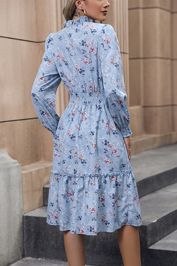 Floral Smocked Waist V Neck Mide Dress - Dresses from Cindelily