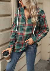 Plaid Button Up Hooded Tie Detail Casual Blouse