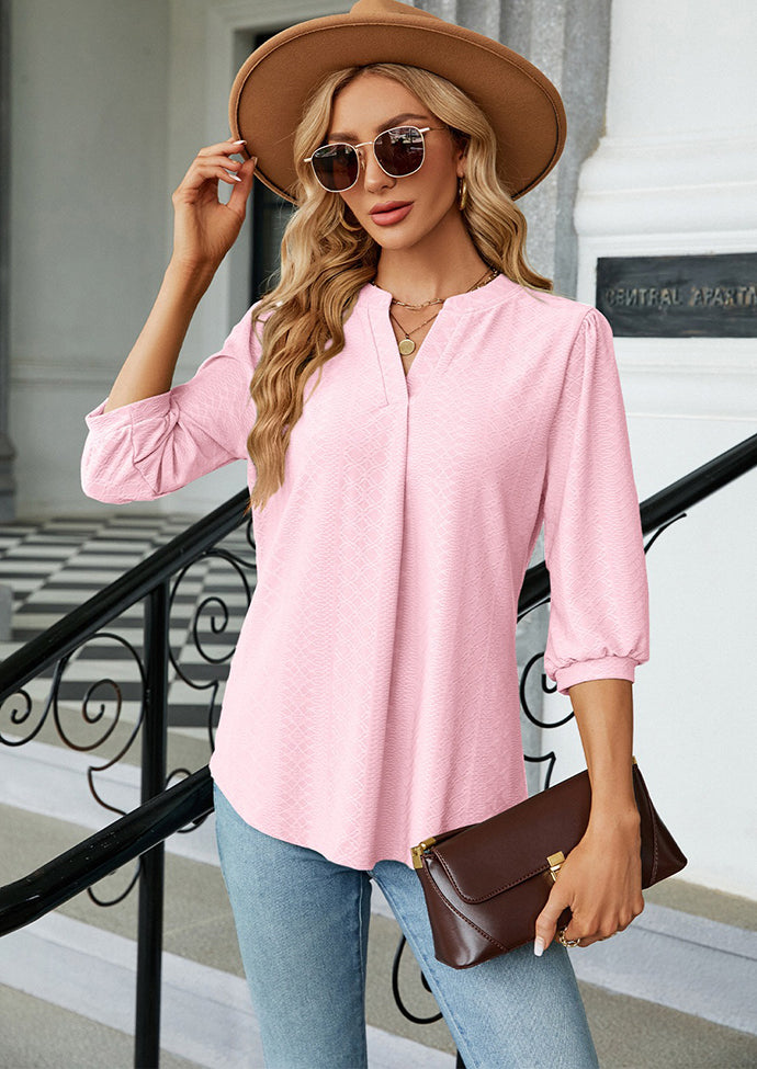Jacquard Half Sleeve V Neck Casual Blouse