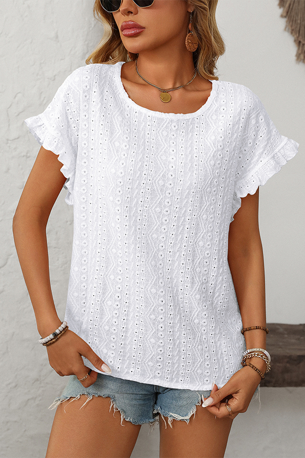 Eyelet Embroidery Ruffled Flutter-Sleeve Blouse - Blouses & Shirts from Cindelily
