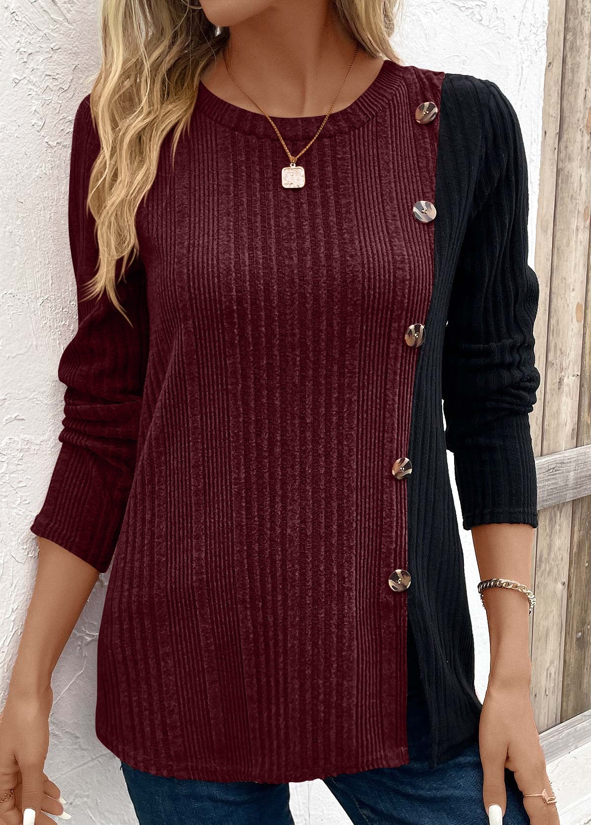 Color Block Button Detail Long Sleeve T-shirt