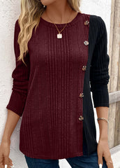 Color Block Button Detail Long Sleeve T-shirt