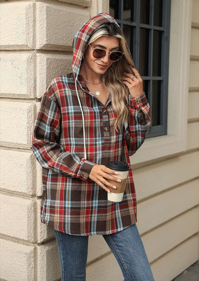 Plaid Button Up Hooded Tie Detail Casual Blouse