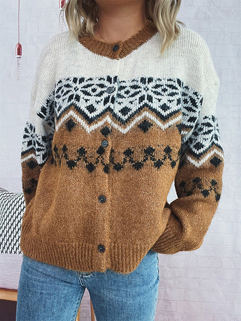 Vintage Christmas Snowflake Jacquard Knitted Cardigan