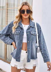 Washed Beading Raw Hem Denim Jacket