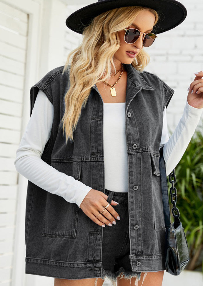 Button Up Denim Vest with Pockets