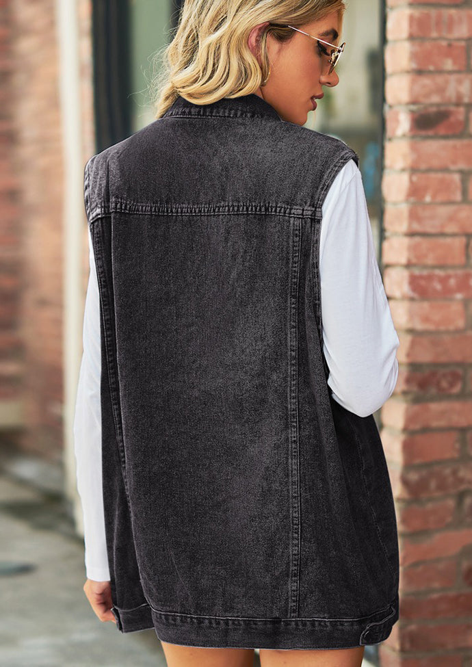 Retro Washed Denim Vest with Pockets