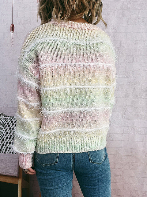 Ombre Fluffy Multi-color Stripe Knitted Sweater