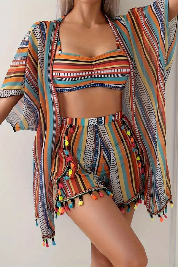 Striped Tassel Kimono Bikini & Shorts 4-Piece Set - Swimwear from Cindelily