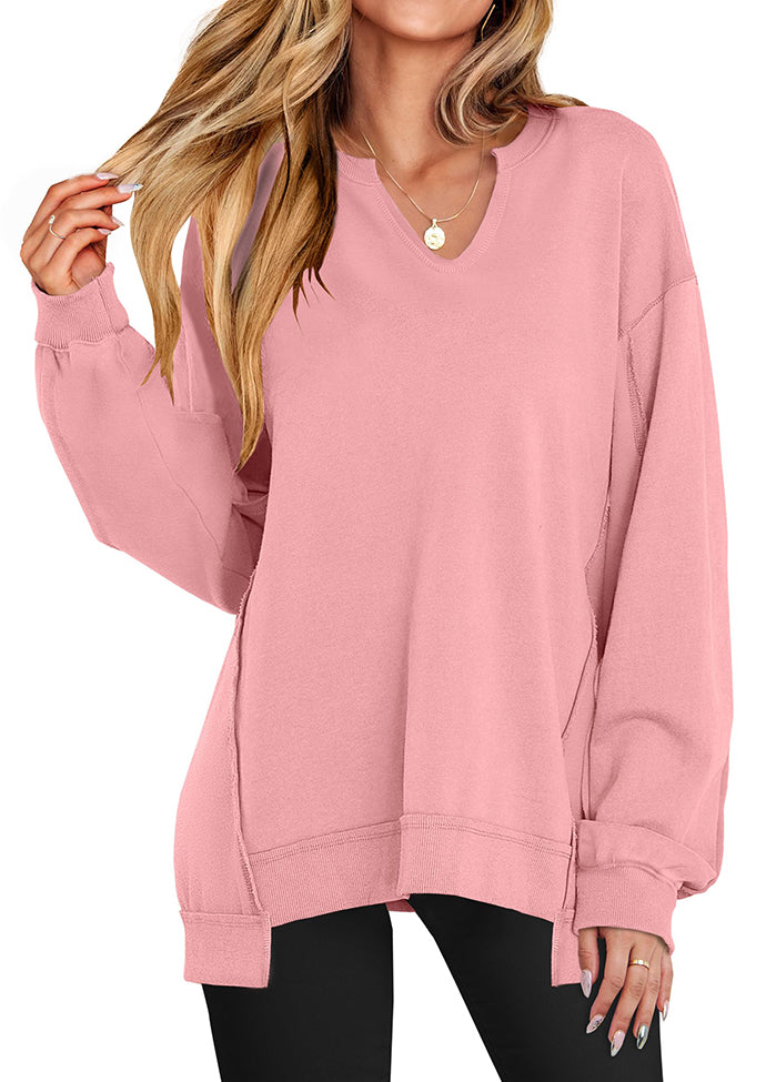 Stripe V Neck Over Size Basic Sweatshirt