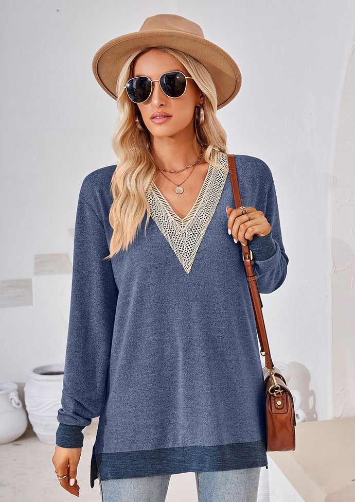 Lace Inset V Neck Side Split Tunic