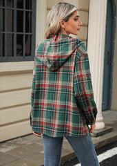 Plaid Button Up Hooded Tie Detail Casual Blouse