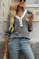 Button Detail V Neck Long Sleeve T-shirt