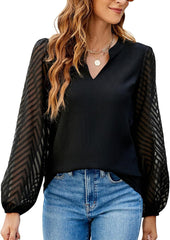 V Neck Lace Sleeve Patchwork Chiffon Blouse