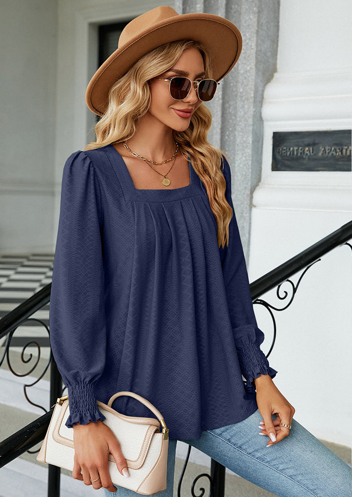 Jacquard Pleated U Neck Casual Blouse