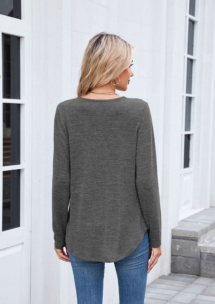 V-neck Pleated Solid Long Sleeve T-shirt
