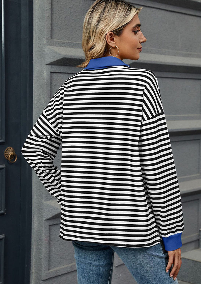 Stripe Color Block V Neck Casual Top