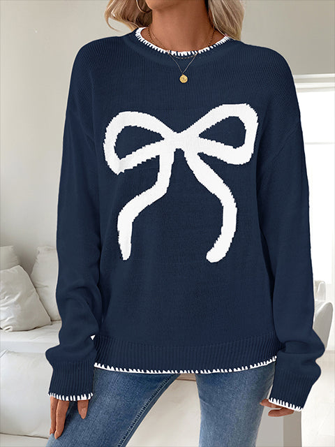 Crew Neck  Bow Jacquard Casual Sweater