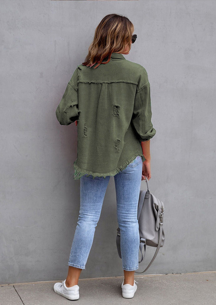 Raw Hem Distressed Button Up Denim Jacket