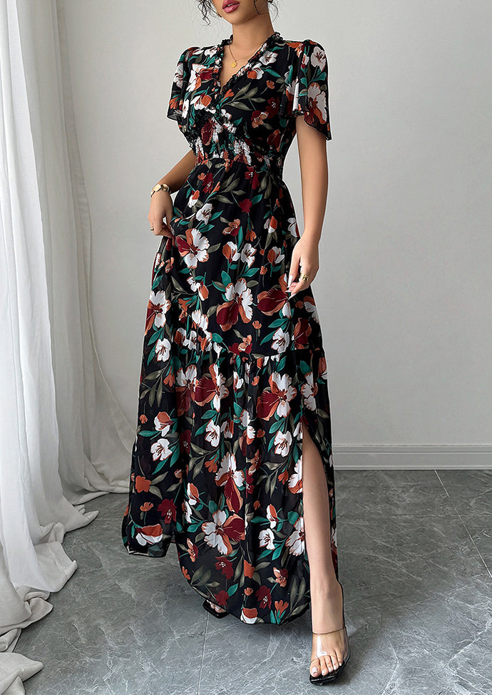 Ruffled Floral Print Smocked Maxi Dress