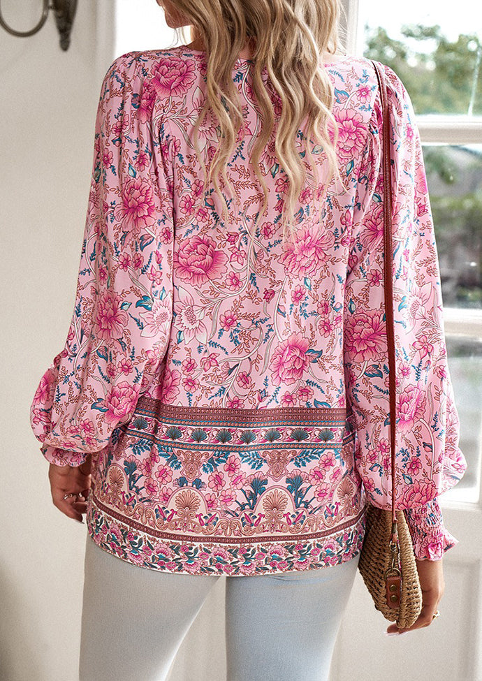 Tie Detail Smocked Cuff Boho Blouse
