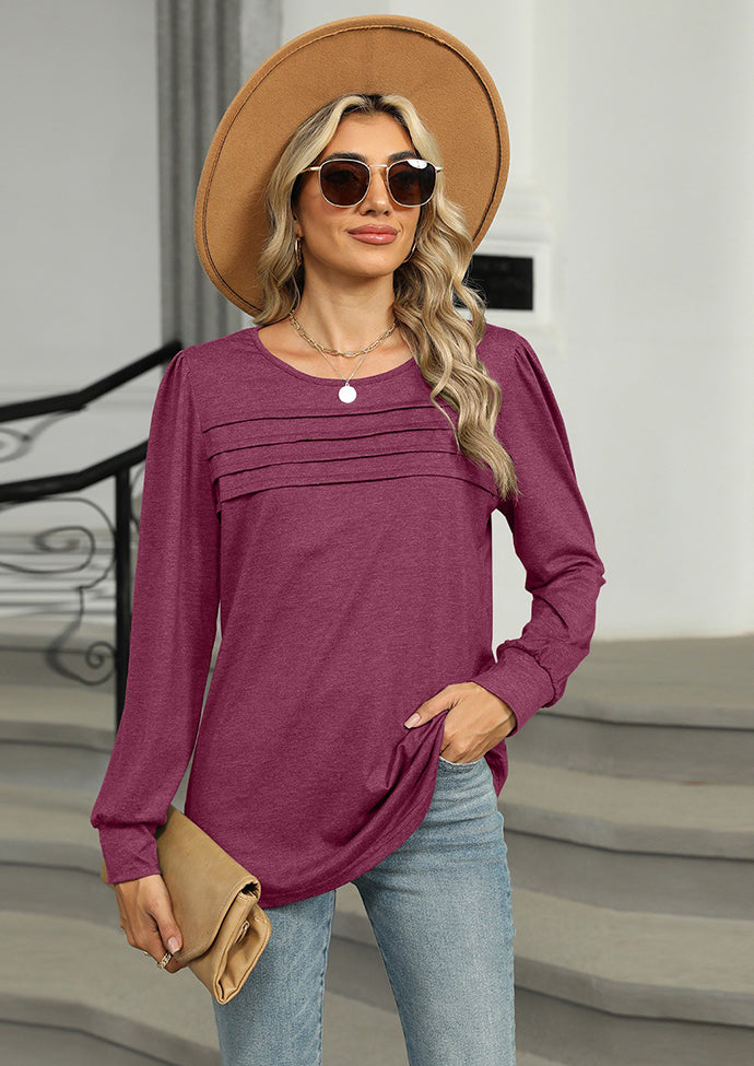 Solid Pleated Long Sleeve Casual T-shirt
