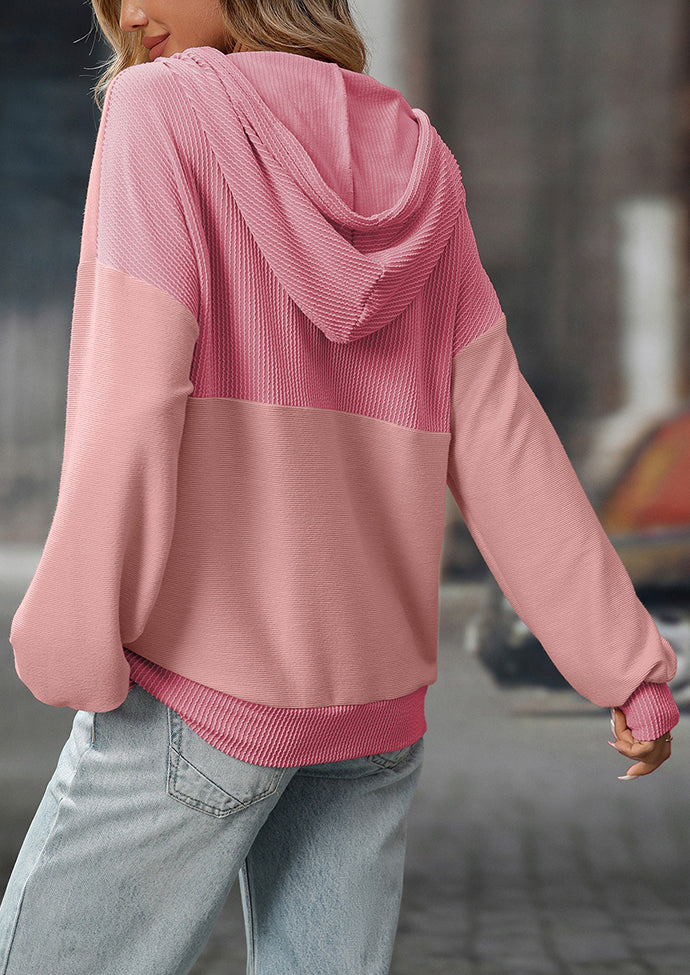 Color Block Tie Detail Button Up Hooded Sweatshirt