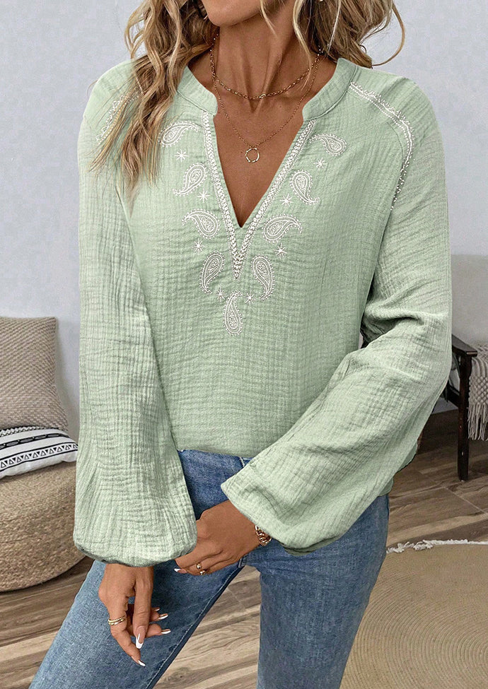 Embroidered V Neck Long Sleeve Boho Blouse