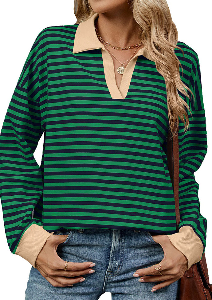 Stripe Color Block V Neck Casual Top