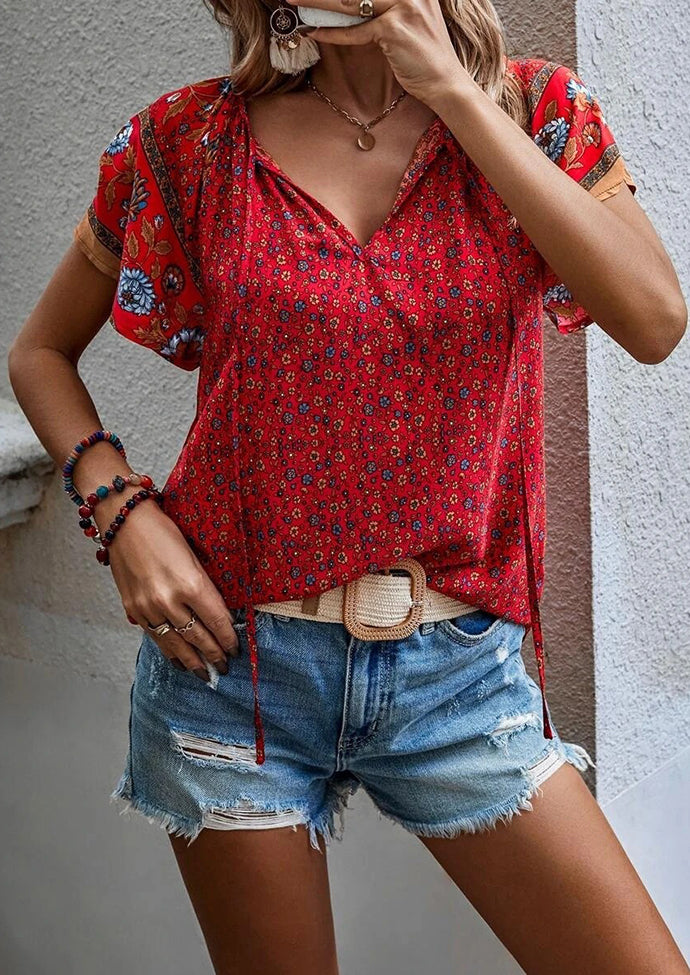 Floral Boho Tie Detail V Neck T-shirt