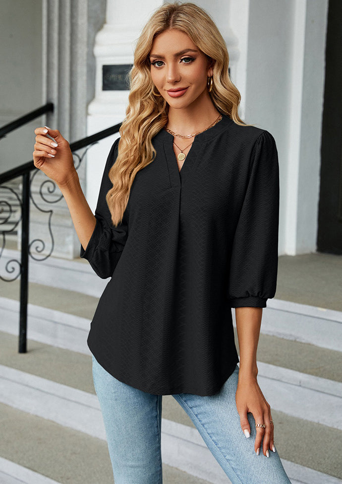 Jacquard Half Sleeve V Neck Casual Blouse