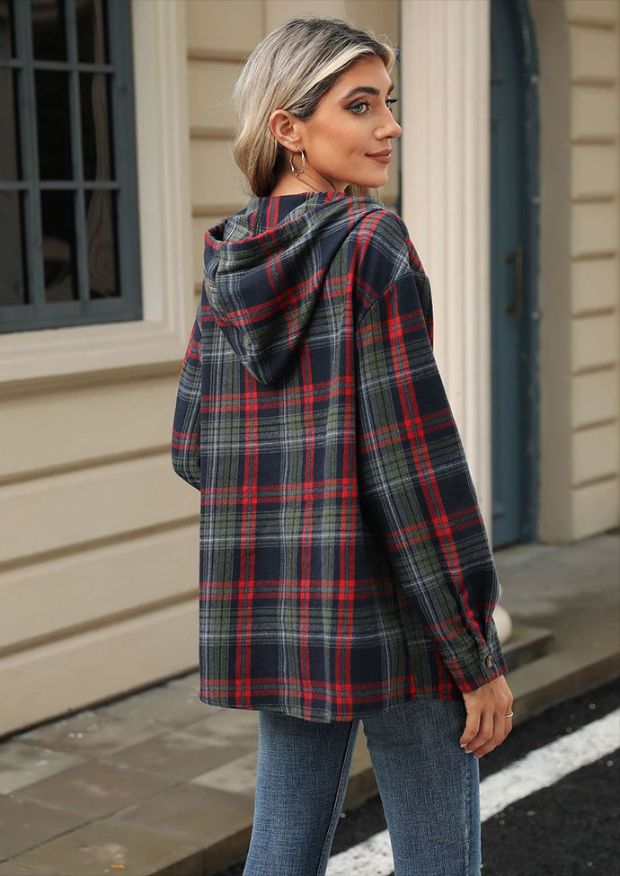 Plaid Button Up Hooded Tie Detail Casual Blouse